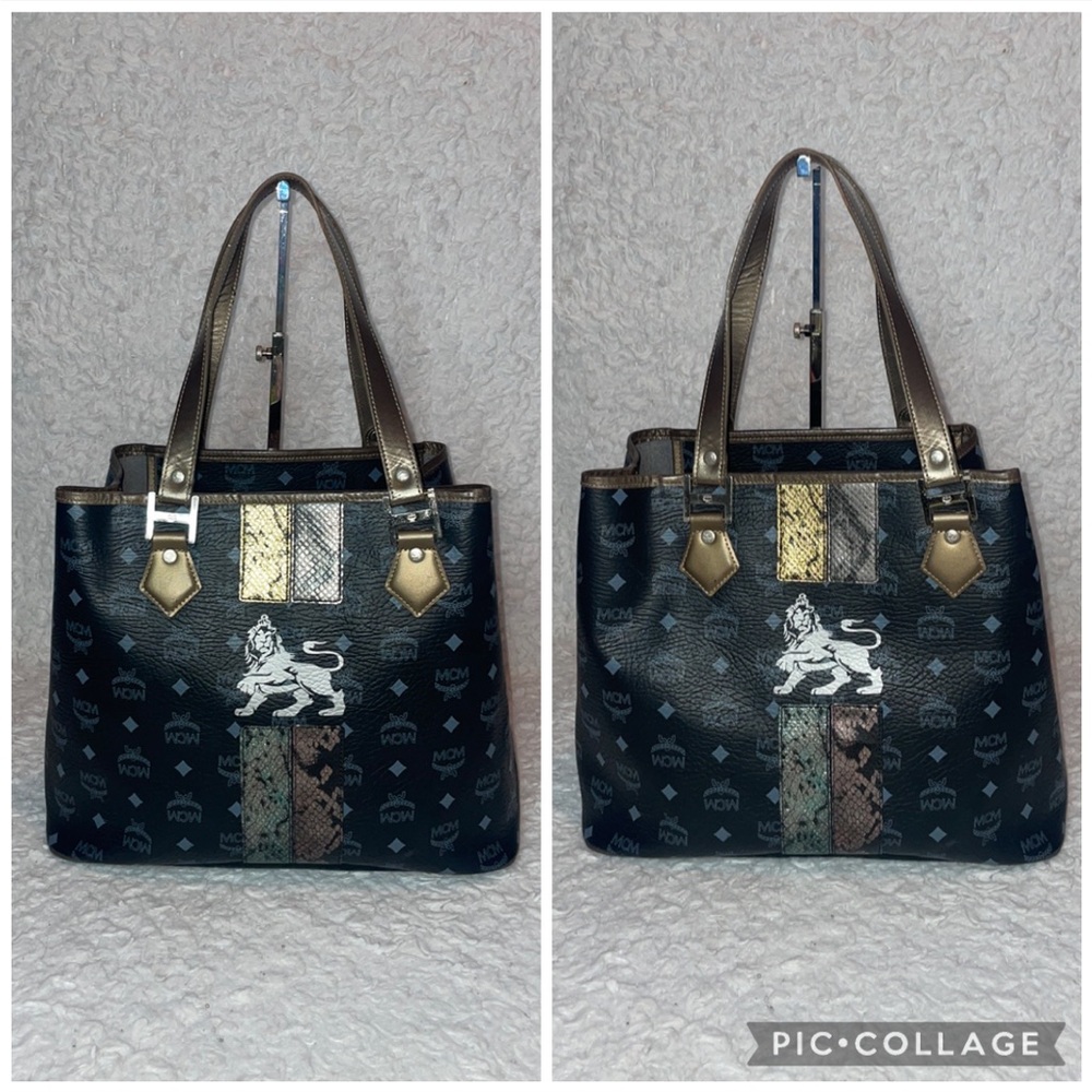 MCM Visetos Monogram Princess Lion Snakeskin Stripe Shoulder Bag Tote in Black - Picture 3 of 16